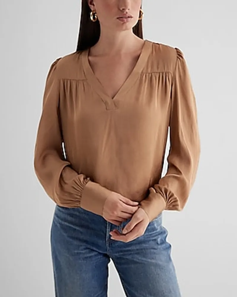 Satin V-Neck Cuff Sleeve Top Women's XS