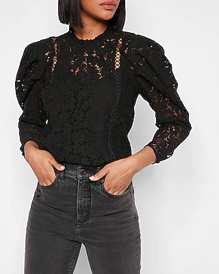 Lace Puff Sleeve Top Black Women's S