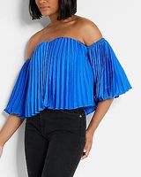 Pleated Off The Shoulder Balloon Sleeve Top Blue Women's XS