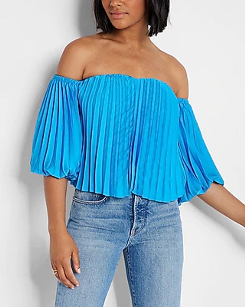 Express Pleated Off The Shoulder Balloon Sleeve Top Blue Women's XS |  Foxvalley Mall