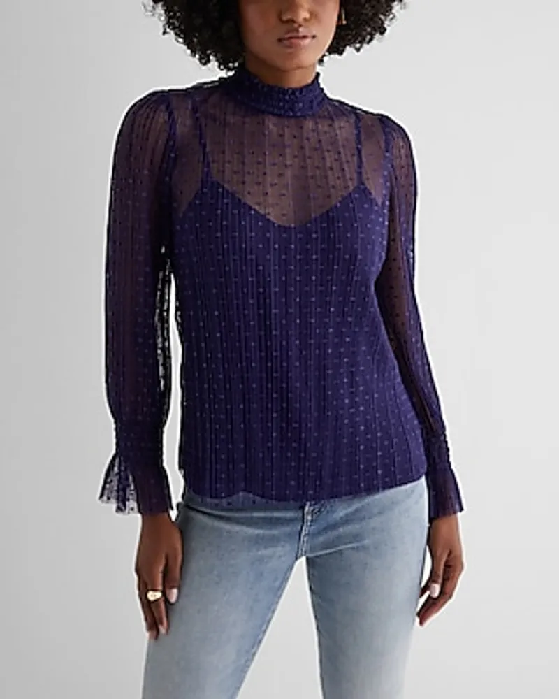 Sheer Dot Mock Neck Smocked Cuff Top Purple Women's XS