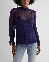 Sheer Dot Mock Neck Smocked Cuff Top Purple Women's XS