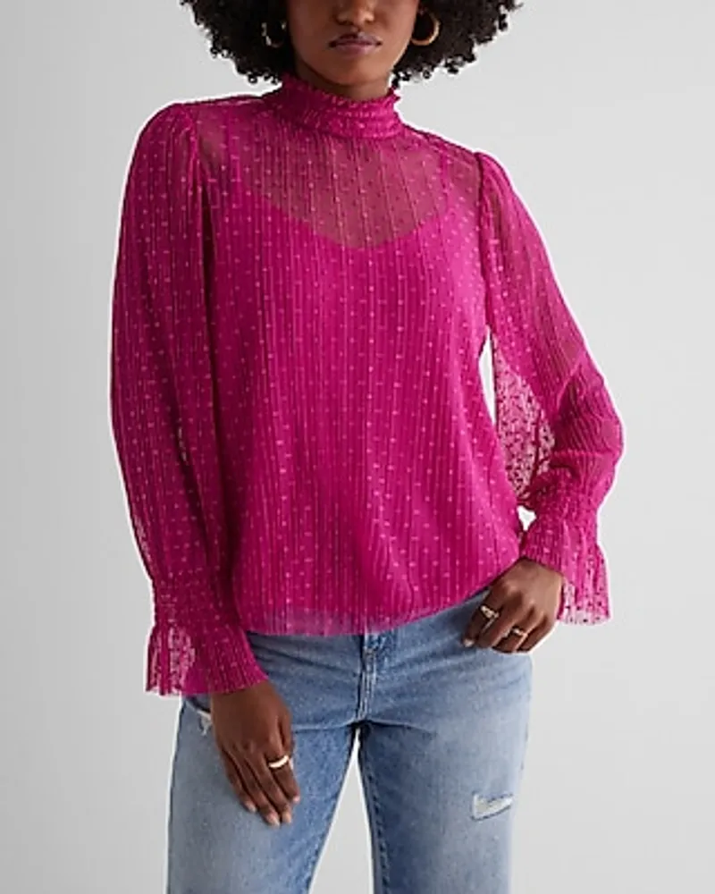 Sheer Dot Mock Neck Smocked Cuff Top