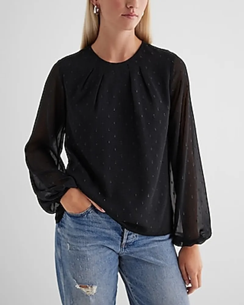 Metallic Dot Gathered Crew Neck Top Black Women's