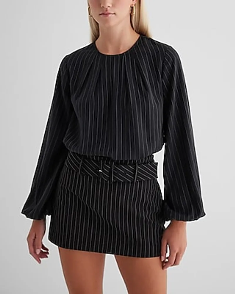 Striped Gathered Neck Balloon Sleeve Top