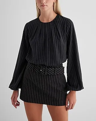 Striped Gathered Neck Balloon Sleeve Top