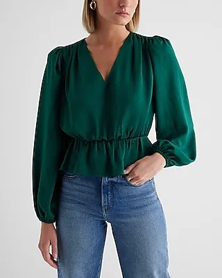 Long Sleeve V-Neck Peplum Top Women's XS