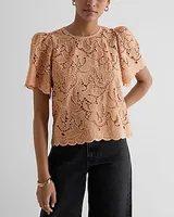 Embroidered Crochet Puff Sleeve Top