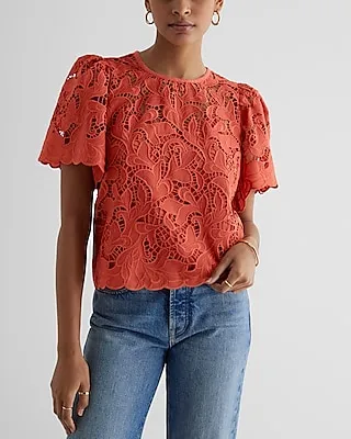 Embroidered Crochet Puff Sleeve Top Women's XS