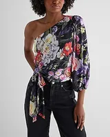 Satin Floral Striped One Shoulder Tie Waist Top