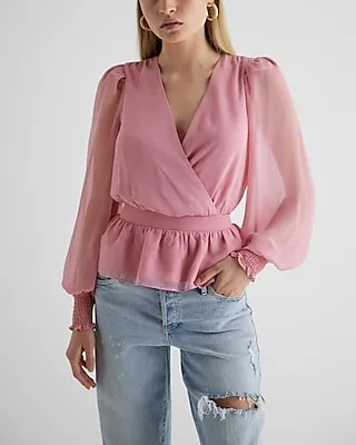 V-Neck Smocked Cuff Peplum Top