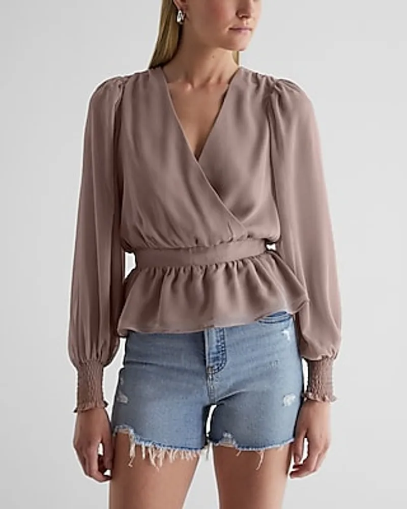 V-Neck Smocked Cuff Peplum Top Women