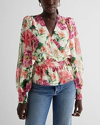 Floral V-Neck Smocked Cuff Peplum Top