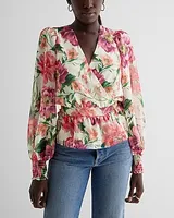 Floral V-Neck Smocked Cuff Peplum Top Multi-Color Women's XS