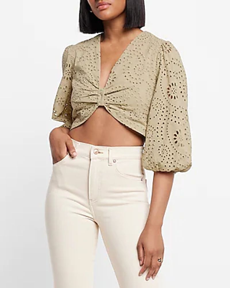 Eyelet Puff Sleeve Crop Top Green Women's S