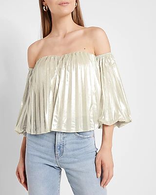 Metallic Pleated Off The Shoulder Balloon Sleeve Top Silver Women's
