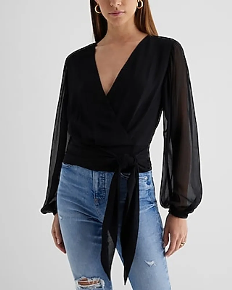 V-Neck Faux Wrap Tie Waist Top Women