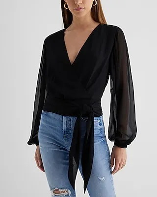 V-Neck Faux Wrap Tie Waist Top Women's XS