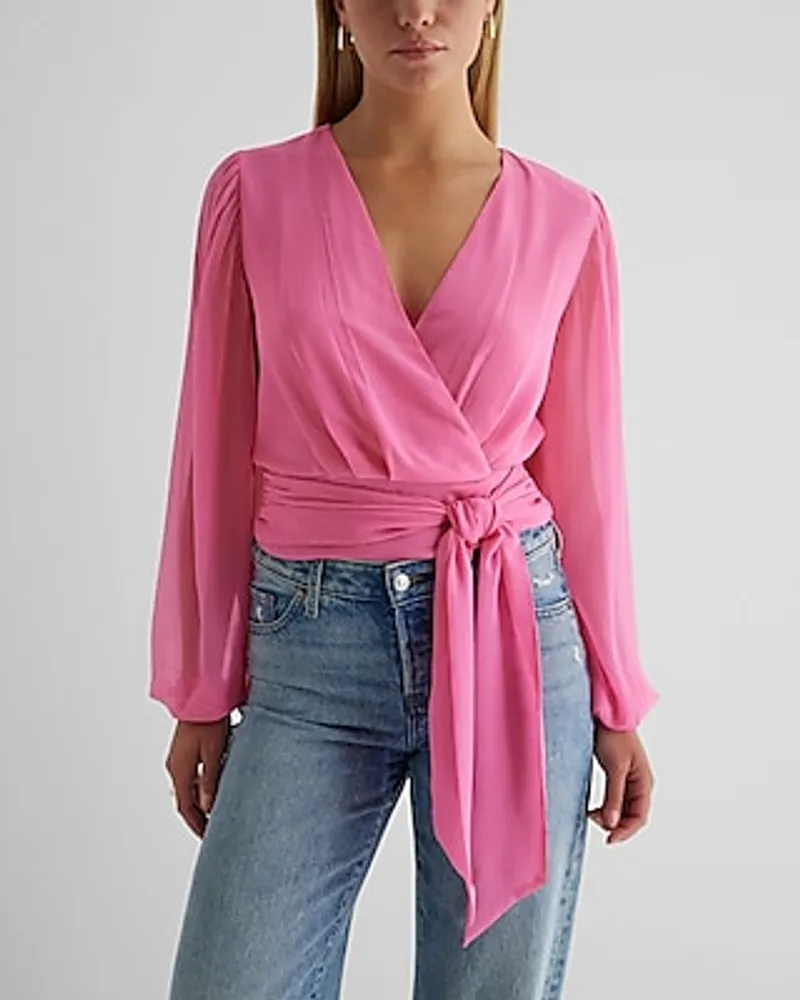 V-Neck Faux Wrap Tie Waist Top Pink Women