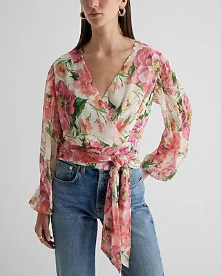 Floral Tie Banded Bottom Faux Wrap Top
