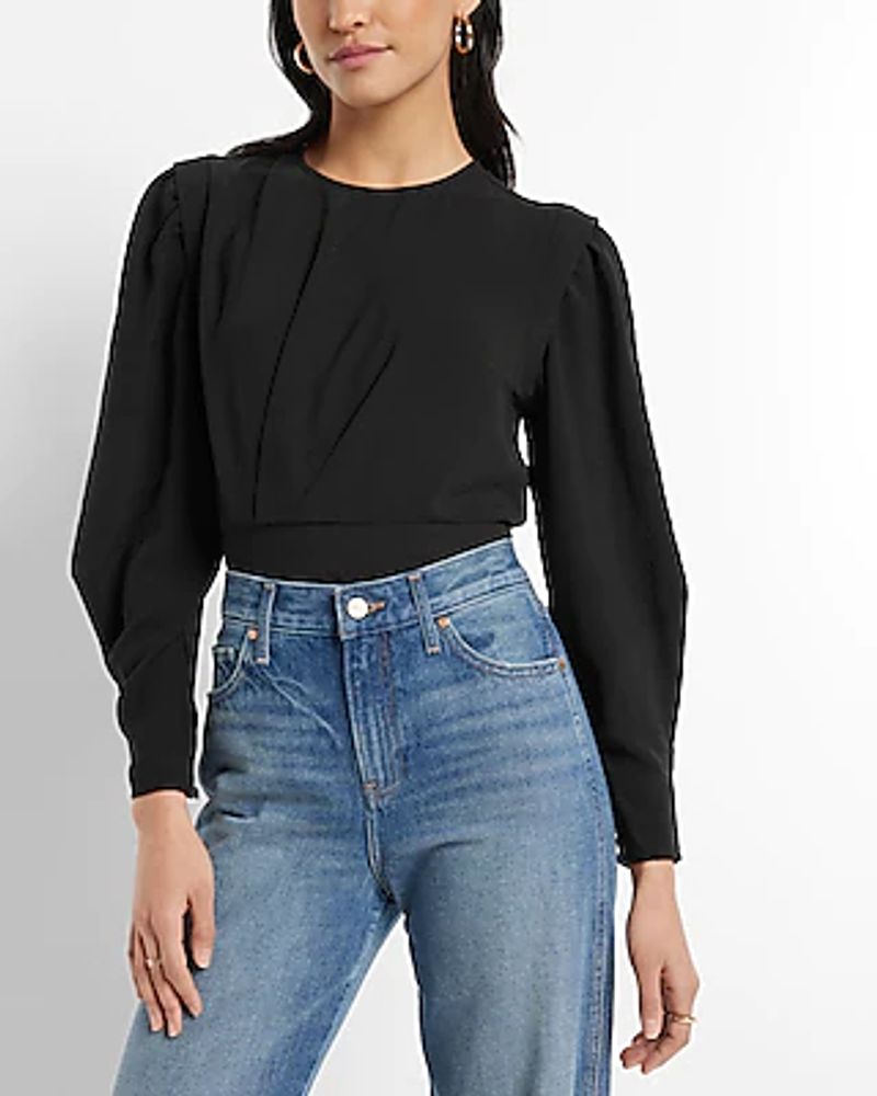 Modern Strong Shoulder Long Sleeve Pleated Top Black Women's XS