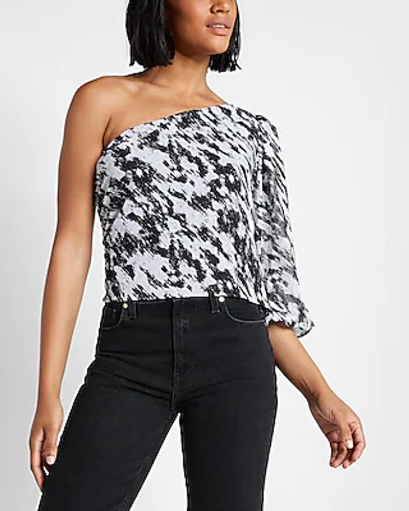 Metallic Printed One Shoulder Puff Sleeve Top Black Women's XXS