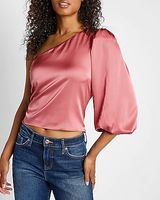 Satin One Shoulder Puff Sleeve Top Pink Women's XS