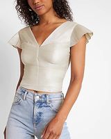 Metallic Pleated Flutter Sleeve Crop Top