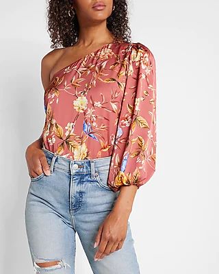 Floral One Shoulder Puff Sleeve Top Multi-Color Women's XS