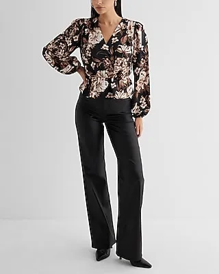 Floral Long Sleeve V-Neck Peplum Top Multi-Color Women's XS