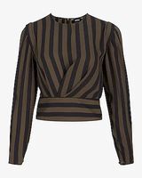 Striped Modern Strong Shoulder Long Sleeve Pleated Top Green Women's M