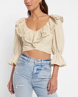 Embroidered Ruffle V-Neck Crop Top Neutral Women's XXS