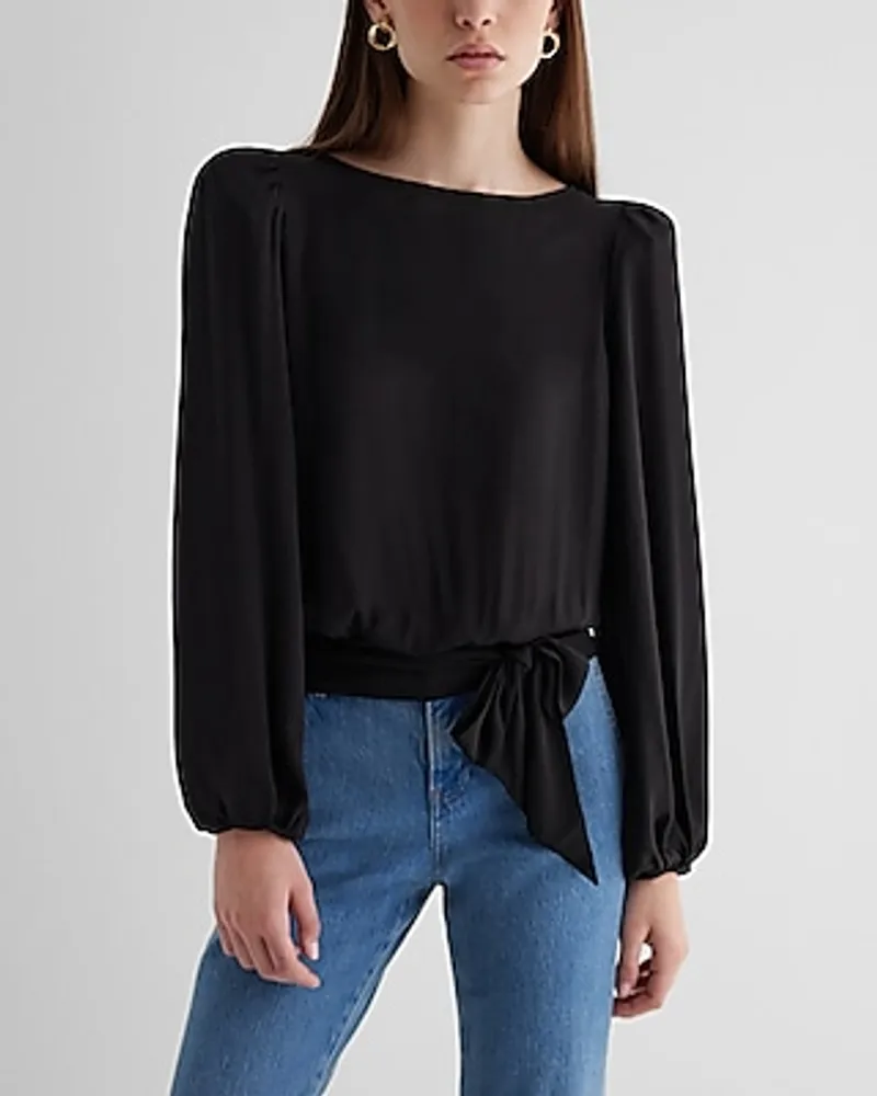 Crew Neck Balloon Sleeve Tie Waist Top Black Women's XS