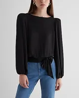 Crew Neck Balloon Sleeve Tie Waist Top Black Women's XS