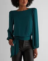 Crew Neck Balloon Sleeve Tie Waist Top Women