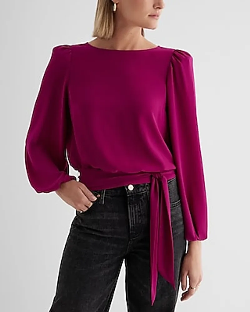 Crew Neck Balloon Sleeve Tie Waist Top