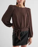 Printed Crew Neck Balloon Sleeve Tie Waist Top