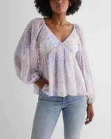 Printed V-Neck Balloon Sleeve Ruched Peplum Top