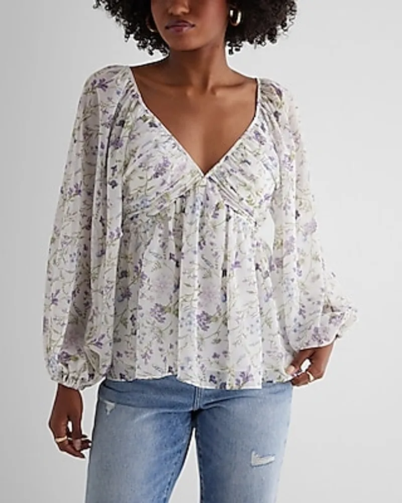 Floral V-Neck Balloon Sleeve Ruched Peplum Top Purple Women's XS