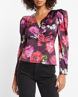 Satin Floral Puff Sleeve Wrap Top Multi-Color Women's XS
