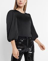 Satin Crew Neck Puff Sleeve Top Black Women's XS