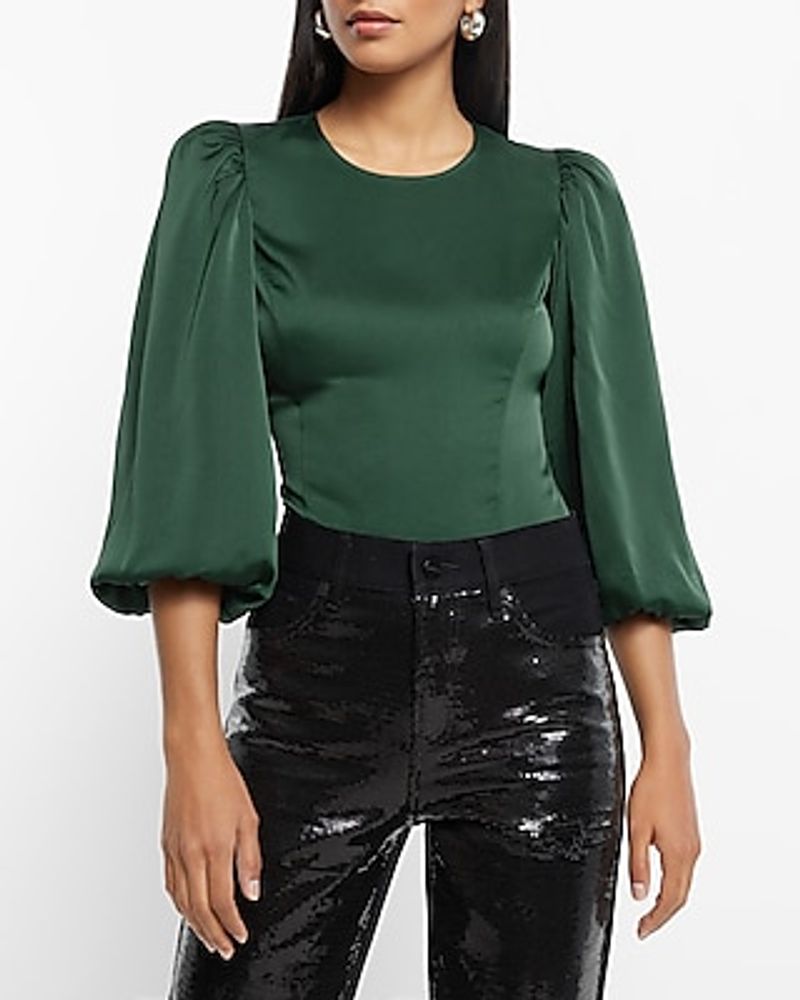 Satin Crew Neck Puff Sleeve Top Green Women's L