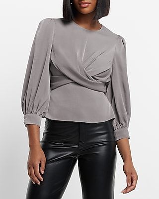 Satin Crew Neck Puff Sleeve Wrap Top Gray Women's XS