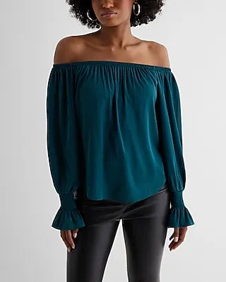 Satin Off The Shoulder Smocked Cuff Top Green Women's XS