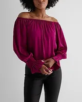 Satin Off The Shoulder Smocked Cuff Top Pink Women's S