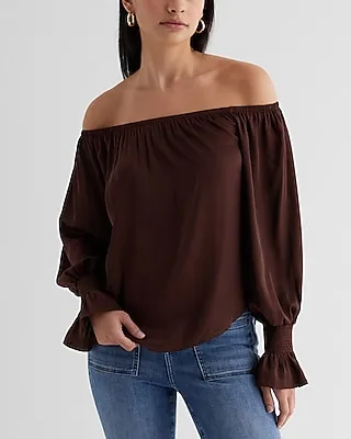 Satin Off The Shoulder Smocked Cuff Top Brown Women's XS