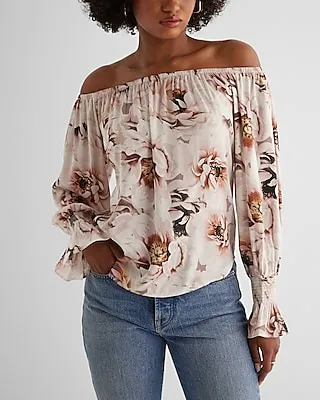 Satin Floral Off The Shoulder Smocked Cuff Top Multi-Color Women's XS