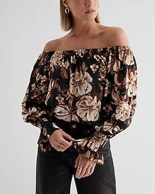 Satin Floral Off The Shoulder Smocked Cuff Top