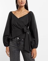 V-Neck Balloon Sleeve Wrap Tie Waist Top Black Women's S