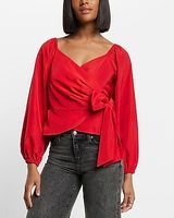 V-Neck Balloon Sleeve Wrap Tie Waist Top Red Women's XS